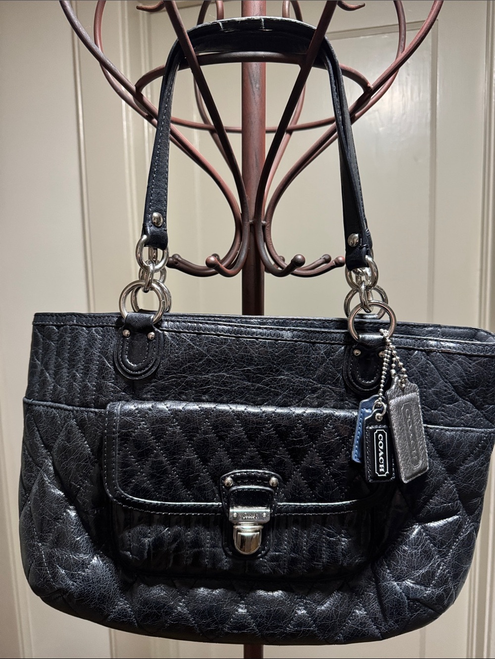 Coach Black Quilted Leather Shoulder Bag with Silver Hardware